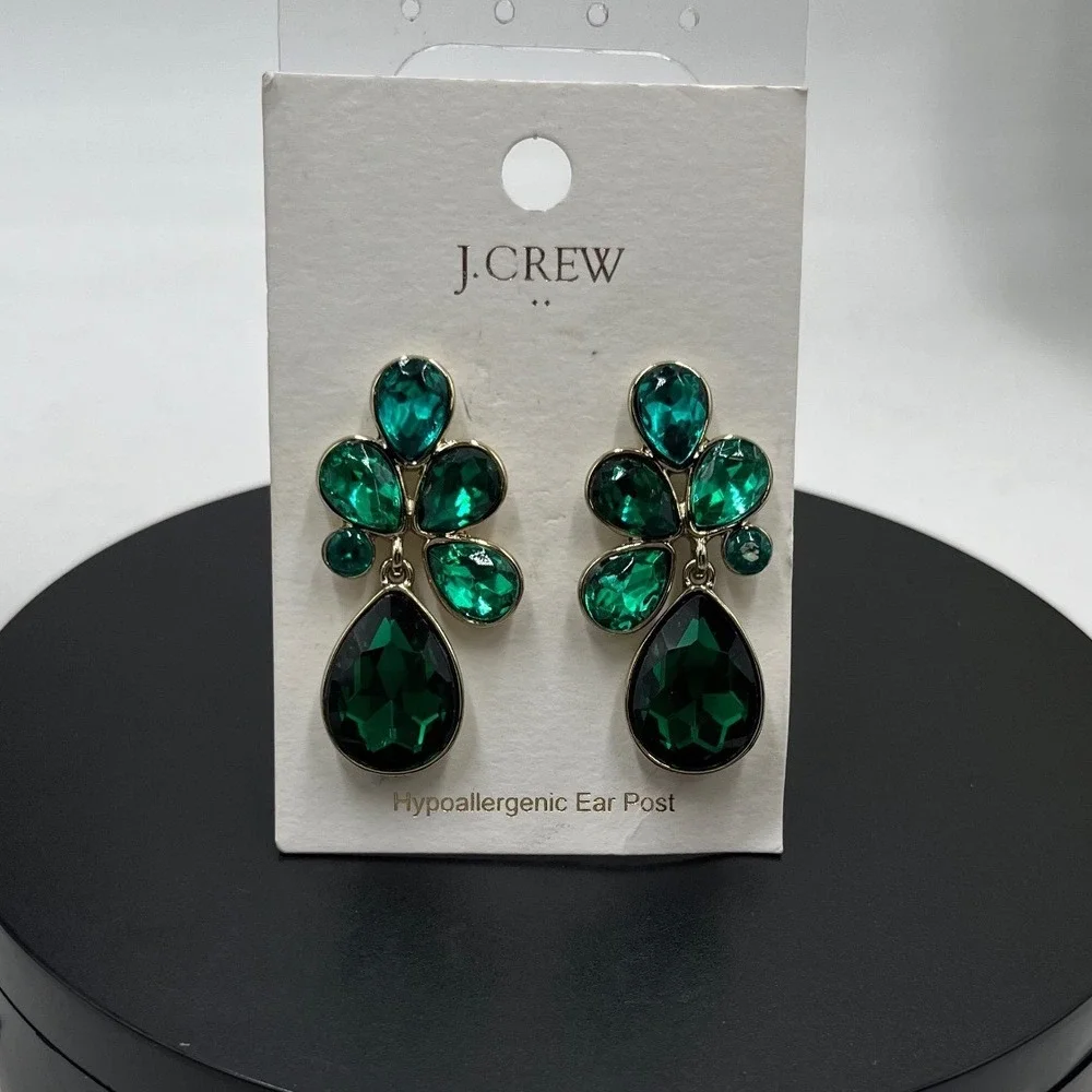 J. Crew Factory Crystal Petal Statement Earrings Bright Patina Green Gold tone